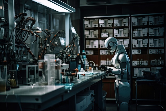 A robot working in a laboratory. The concept of artificial intelligence. An AI robot in a laboratory doing chemical research, AI Generated